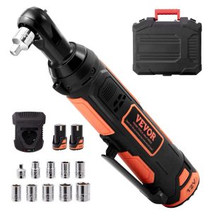 3/8" Cordless Electric Ratchet Wrench Set, 12V 33 Ft-lbs Power Ratchet Tool Kit, 45-Min Fast Charge, 2-Pack 2.0Ah Battery, Built-in LED Light, Variable Speed Trigger, 10 Sockets