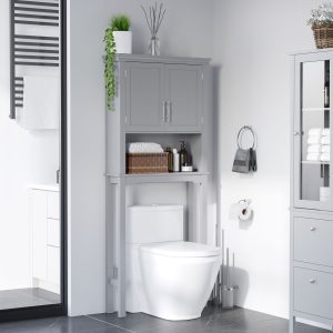 Modern Over The Toilet Storage Cabinet, Double Door Bathroom Organizer with Inner Adjustable Shelf and Open Shelf, Gray