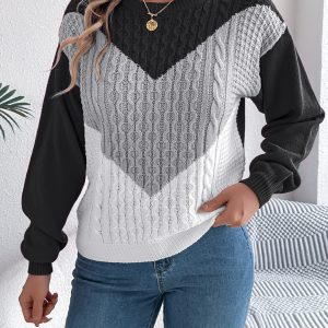 Women Casual Color Block Cable Knit Lantern Sleeve Pullover Sweater