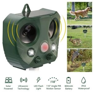 Ultrasonic Animal Repeller Solar Powered Repellent With Motion Sensor LED Flashing Lights
