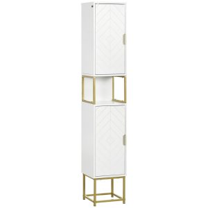 Kleankin Narrow Bathroom Storage Cabinet, Freestanding Tallboy Storage Unit With Adjustable Shelf, 2 Doors And Steel Base, Slim Corner Organizer, White
