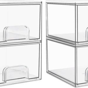 1 2 4 Pack Clear Stackable Storage Drawers, 11.2cm, 4.4in  Tall Acrylic Bathroom Makeup Organizer,Plastic Storage Bins For Vanity, Undersink, Kitchen Cabinets, Pantry, Home Organization