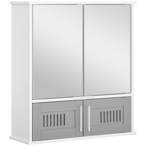 Kleankin Bathroom Mirror Cabinet, Wall Mounted Storage Cupboard With Double Doors And Adjustable Shelf, Bathroom Organizer, Grey