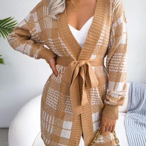 Women Plaid Tie Lantern Sleeve Casual Cardigan Sweater