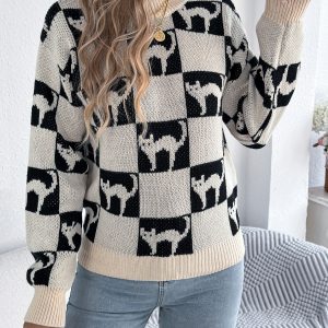 Women Halloween Plaid Lantern Sleeve Long Sleeve Pullover Sweater