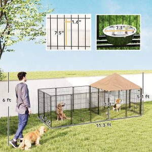 Large Outdoor Dog Kennel With Rotating & Adjustable Height Bowls, Waterproof & UV-Resistant Canopy, 11.3 X 4.7 X 5.1