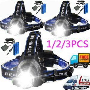 LED Headlamp Rechargeable Head Torch Zoom Headlight Lamp Super Bright Flashlight 3 Modes Light With 2 Li-ion Batteries 2 Charger