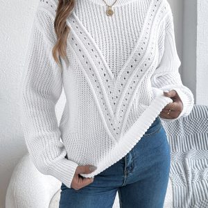 Women Casual Solid Color V-Neck Hollow Out Lantern Sleeve Pullover Sweater