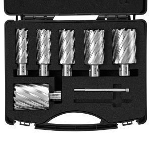 Annular Cutter Set, 6 Pcs Universal Shank Mag Drill Bits, 1' To 2' Cutting Diameter, 2' Cutting Depth, M2AL High-Speed Steel, With 2 Pilot Pins And Portable Case, For Using With Magnetic Drills