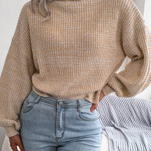 Women Mixed Color Lantern Sleeve Turtleneck Knit Sweater