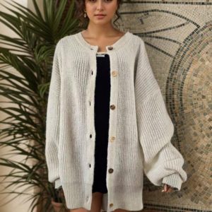 Women's Knitted Cardigan Sweater, Contrast Buttons, Chunky Knit, Gold Cuffs, Loose Long Sleeves, Spring Autumn Style