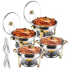 4Pcs Chafing Dish Buffet Set 4.76QT Round Buffet Servers Food Warmer Stainless Steel Catering Chafer With Glass Lid For Warming Cooling Gatherings Banquets Buffets Party Wedding