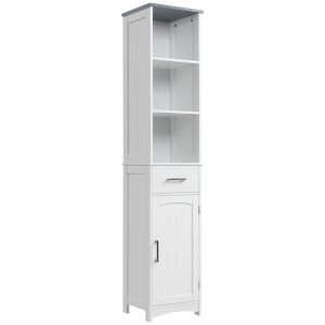 Kleankin Tall Bathroom Storage Cabinet With 3 Tier Shelf, Cupboard, Drawer, Door, Freestanding Linen Tower, Slim Side Organizer, White
