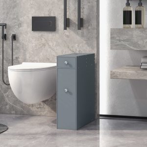 Bathroom Floor Organizer Free Standing Space Saving Narrow Storage Cabinet Bath Toilet Paper Holder with Drawers Gray