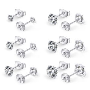 Huazi Diamond, Butterfly Buckle Titanium Steel Stud Earrings 6 Pairs