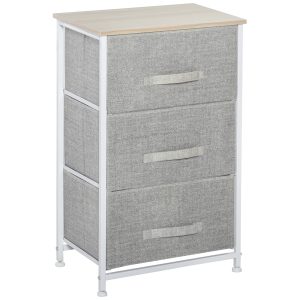 Vertical 3-Tier Linen Drawer Cabinet Organizer Storage Dresser Tower With Metal Frame Adjustable Feet For Living Room, Bathroom, Kitchen, White, Oak And Light Grey