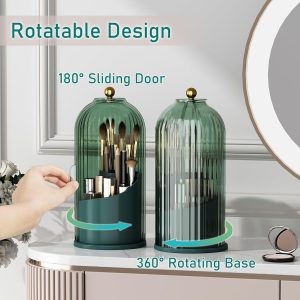 360 Rotating Makeup Brush Holder With Dustproof Lid - Clear Waterproof Organizer For Vanity, Bathroom Or Countertop. Fits All Brush Sizes, 3 Color Options Available