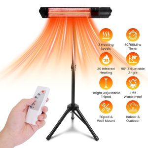 1500W Infrared Heater Outdoor Indoor, 3 Heating Levels (600W/1000W/1500W) IP65 Waterproof With Adjustable Tripod Wall Mount, Remote & Timer For Patio Backyard Living Room