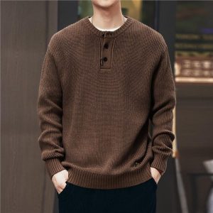 Vintage-style, Relaxed-fit, Thickened Vertical-striped Workwear Pullover Sweater