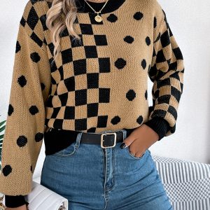 Women Casual Color Block Polka Dot Plaid Lantern Sleeve Pullover Sweater