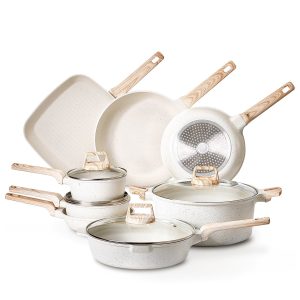 19 Piece Pots And Pans Set Nonstick, Granite Cookware Set, Induction Cookwares, Kitchen RV Cooking Sets With Frying, Sauce, Saute, Tempered Glass Lids, And Pan Protectors, White