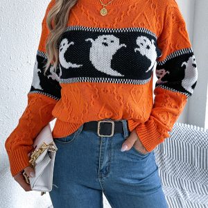Women Ghost Color Block Long Sleeve Pullover Sweater