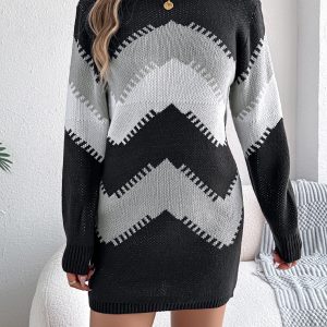Women Casual Color Block Lantern Sleeve Sweater Dress