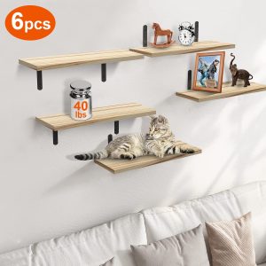 6 Sets Floating Shelves 15.74x5.74Inch Wall Mounted Shelves Wood Storage Shelves Metal Bracket Hanging Display Shelf Wall Organizer For Living Room Bathroom Kitchen Decor