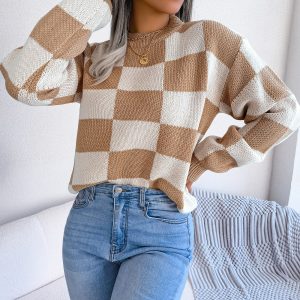 Women's Checkered Crewneck Sweater - 2025 Spring Fall Fashion Loose Pullover Top