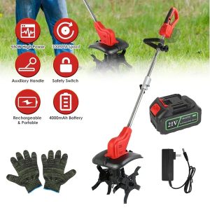 21V Electric Cordless Tiller Cultivator Powered Garden Tiller With 4 Blades 16 Steel Tines 550W 300RPM 4000mAh Battery Tilling 9-in Width & 9-in Depth For Lawn/Gardening/Soil Cultivation