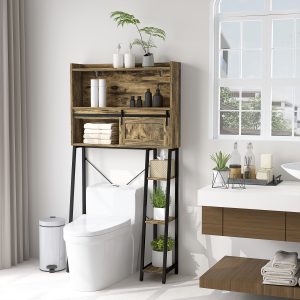 Over the Toilet Storage Cabinet, Over Toilet Bathroom Organizer with 3 Compartments, 4 Open Shelves, Rustic Brown