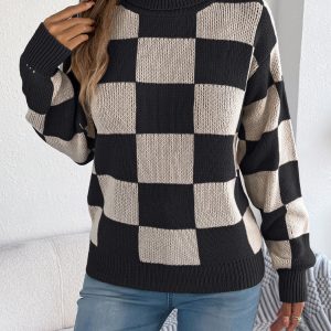 Women's High Neck Color-Blocked Plaid Lantern Sleeve Sweater