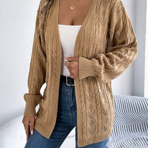 Women Casual Solid Color Hollow Out Long Sleeve Cardigan Sweater Coat