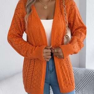 Women Hollow Out Lantern Sleeve Long Sleeve Cardigan Sweater Coat
