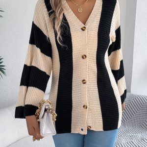 Women Color Block Stripe Bell Sleeve Long Sleeve Cardigan Sweater Coat
