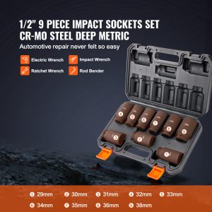 VEVOR Drive Impact Socket Set, 9 Piece Deep Socket Set Metric 29-38mm, 6 Point Cr-Mo Alloy Steel For Auto Repair, Easy-to-Read Size Markings, Rugged Construction, Includes Storage Case