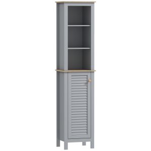 Kleankin Bathroom Floor Storage Cabinet With 3 Tier Shelf And Cupboard With Door, Free Standing Linen Tower, Tall Slim Side Organizer Shelves, Grey