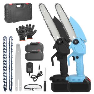 1Set Electric Mini Chainsaw Portable Handheld Cordless Small Chain Saw Battery Powered With 2Pcs 1200mAh Rechargeable Batteries 8in Chains Gloves Goggles For Pruning Trees Wood Cutting