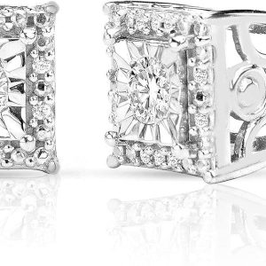 Diamond Stud Earrings For Women Sterling Silver Halo I-J Color, I2 I3 Clarity Metal Diamond Metal Diamond