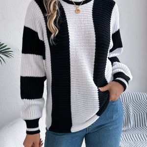 Women Casual Color Block Stripe Lantern Sleeve Pullover Sweater