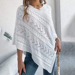 Women's Solid Color V-Neck Cape Sweater Batwing Sleeve Open-Knit Cardigan With Asymmetrical Hem