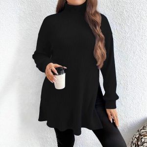 Women's Arrival Irregular Slit Turtleneck Plus Size Sweater Top