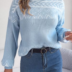 Women Ethnic Style Vintage Jacquard Lantern Sleeve Turtleneck Sweater