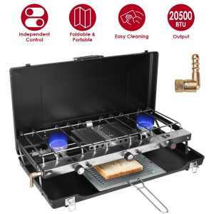 3 Burner Camping Stove 20000 BTU Portable Foldable Propane Stove With Toast Tray Windshield Portable Handle Outdoor Cooking Gas Stove For RV Camping BBQ Picnic