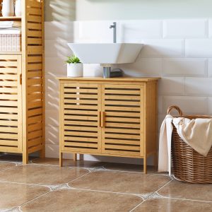 Freestanding Bathroom Sink Cabinet, Bamboo Under Sink Cabinet Cupboard Organizer with 2 Slatted Doors, Natural