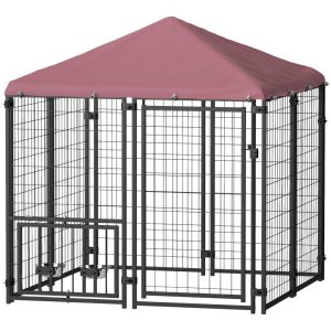 Welded Wire Outdoor Dog Kennel With 360 Rotating & 4 Levels Adjustable Bowls, Waterproof Cover, 4.6 X 4.6 X 5