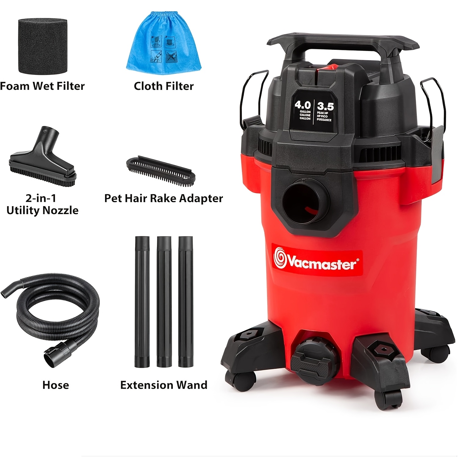 Vacmaster 4-Gallon Wet/Dry Vac, 3.5 Peak HP with 18KPA Suction, Converts to Blower, 16ft Cleaning Reach, On-Board Storage, Includes 7 Accessories 3-in-1 Nozzle for Dust, Debris & Pet Hair - Image 2