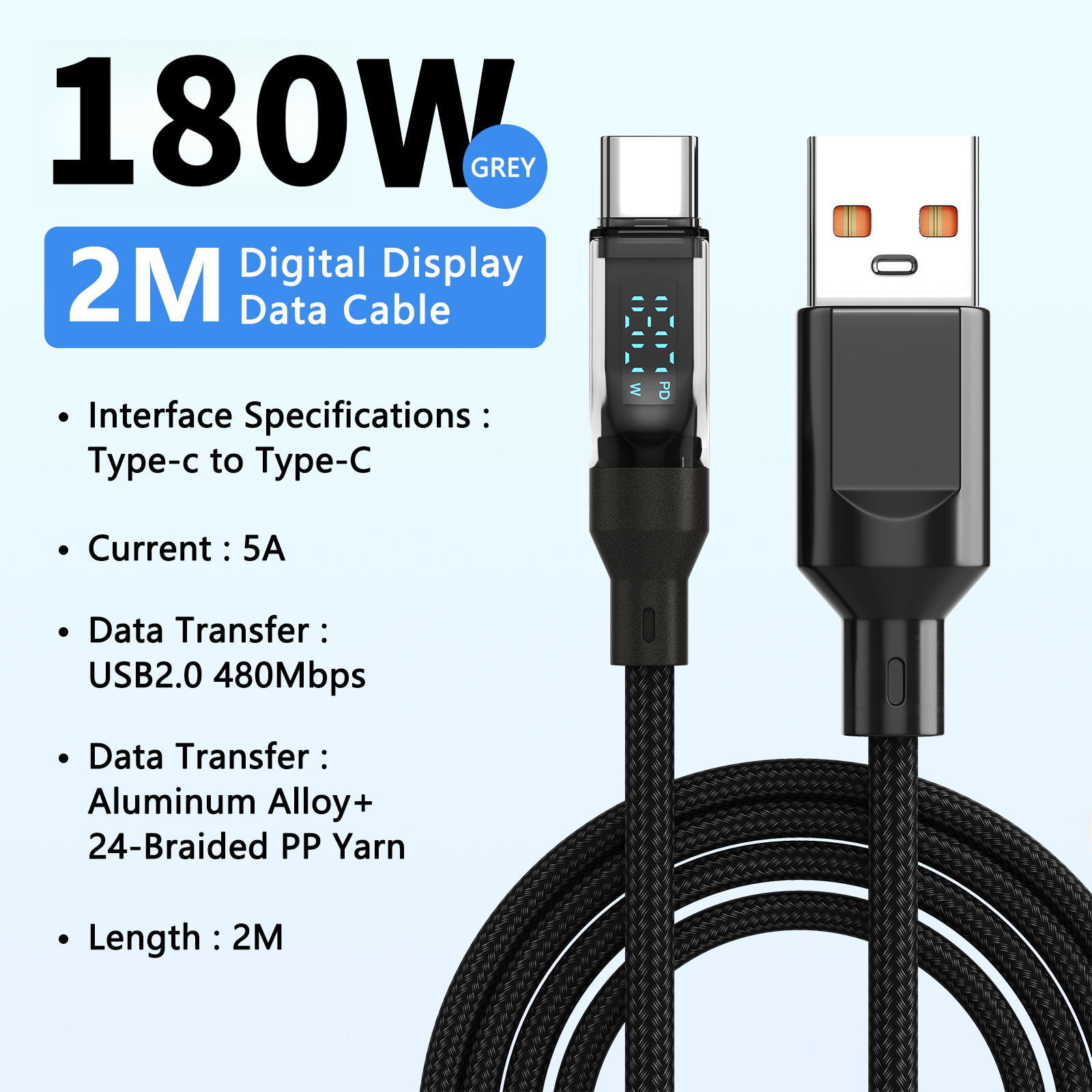 180W Super Fast Charging USB A To Type-C Cable With LED Digital Display, Matte Finish, Data Sync, USB Power Delivery, 6A High Current, Compatible With IPhone 15/16, Xiaomi, POCO, Samsung - Image 2