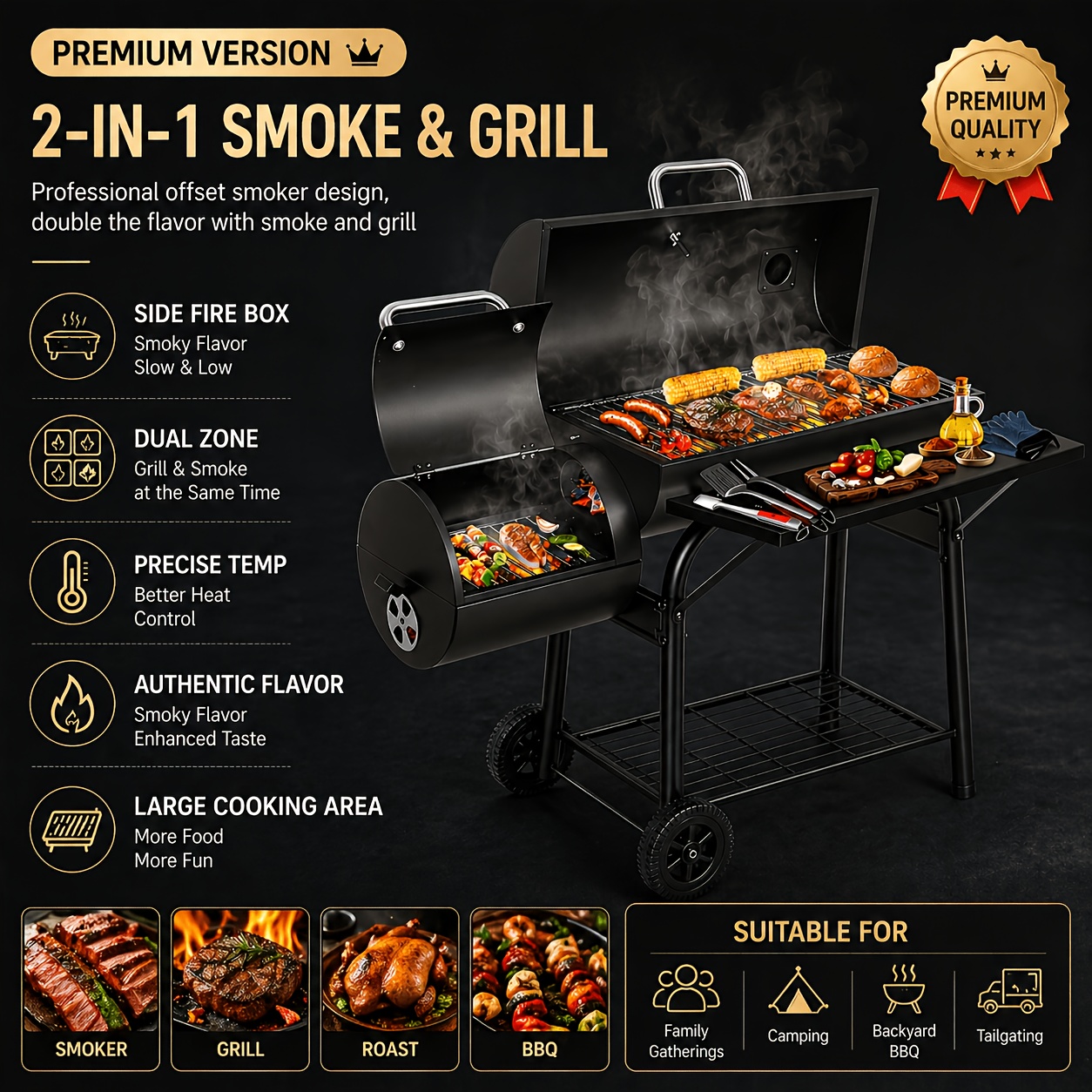 Multi-Purpose Charcoal Grill Smoker with Offset Smoker, Barrel BBQ Grill for Backyard, Patio, Camping, Party & Outdoor Cooking, Black, Father'S Day Gift for Dad, BBQ Gifts for Men - Image 2