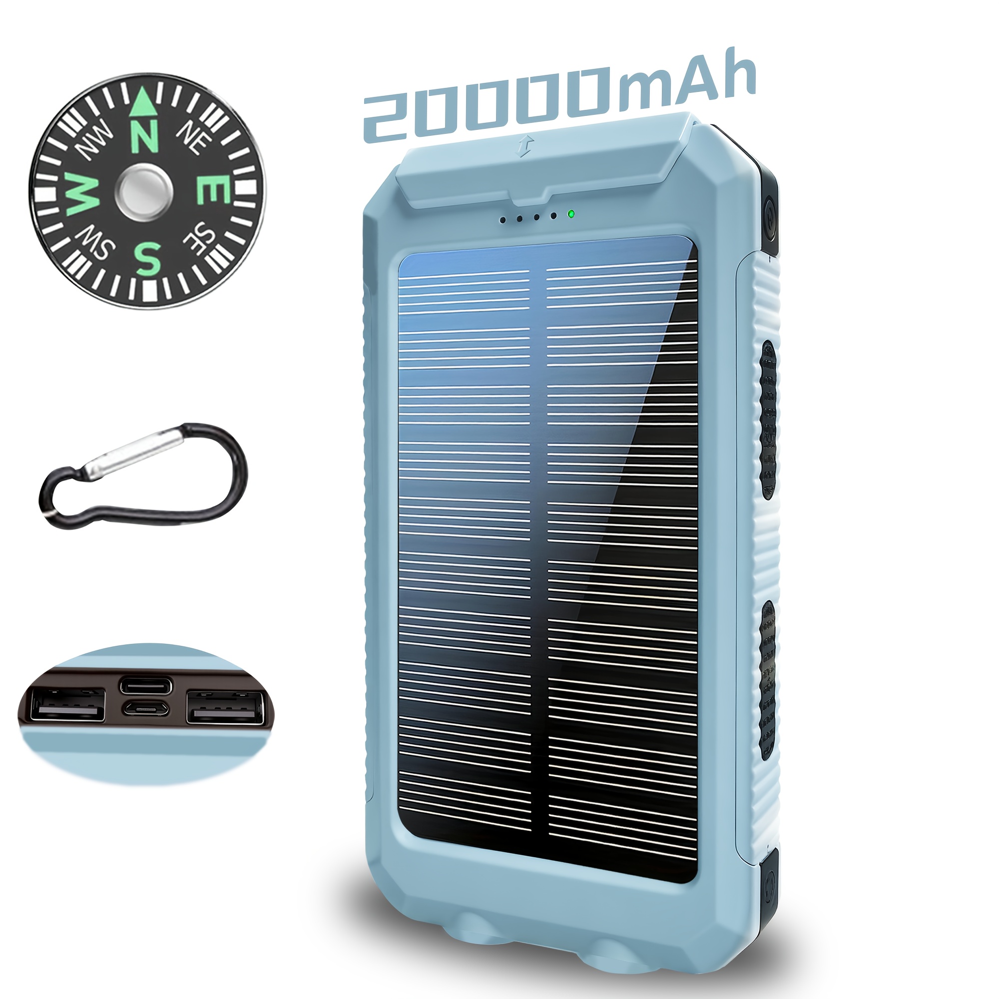 20000Mah USB Portable Charger Solar Power Bank, Dual 5V USB Port Output for All Mobile Devices Built-In Flashlight with Compass for Outdoor Camping Emergency Use, Power Bank Portable Portable Power Bank Solar Power Bank Battery Power Bank - Image 2